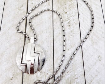 Crown Trifari Silver Medallion Necklace, Round Silver Tone Pendant, Mod Zig Zag, Statement Necklace, Vintage 1960s Modern