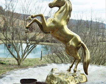 Brass Rearing Horse, On a Rock Base, Heavy Sculpture, Made in Korea, 15 Inch Tall Horse