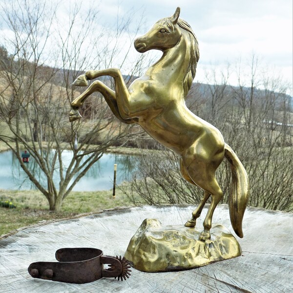 Brass Rearing Horse, On a Rock Base, Heavy Sculpture, Made in Korea, 15 Inch Tall Horse