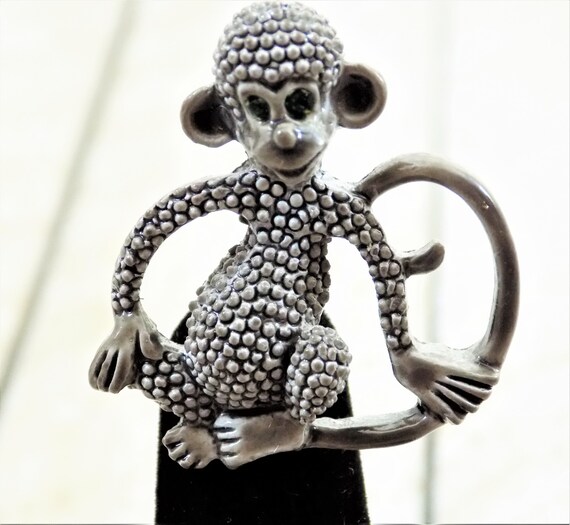 Gerry's Monkey Brooch, Gray Metal Embossed Dots, … - image 5