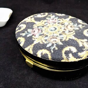 Black Dresser Box, Needlepoint Top, Brass Latch, Vintage Home Decor