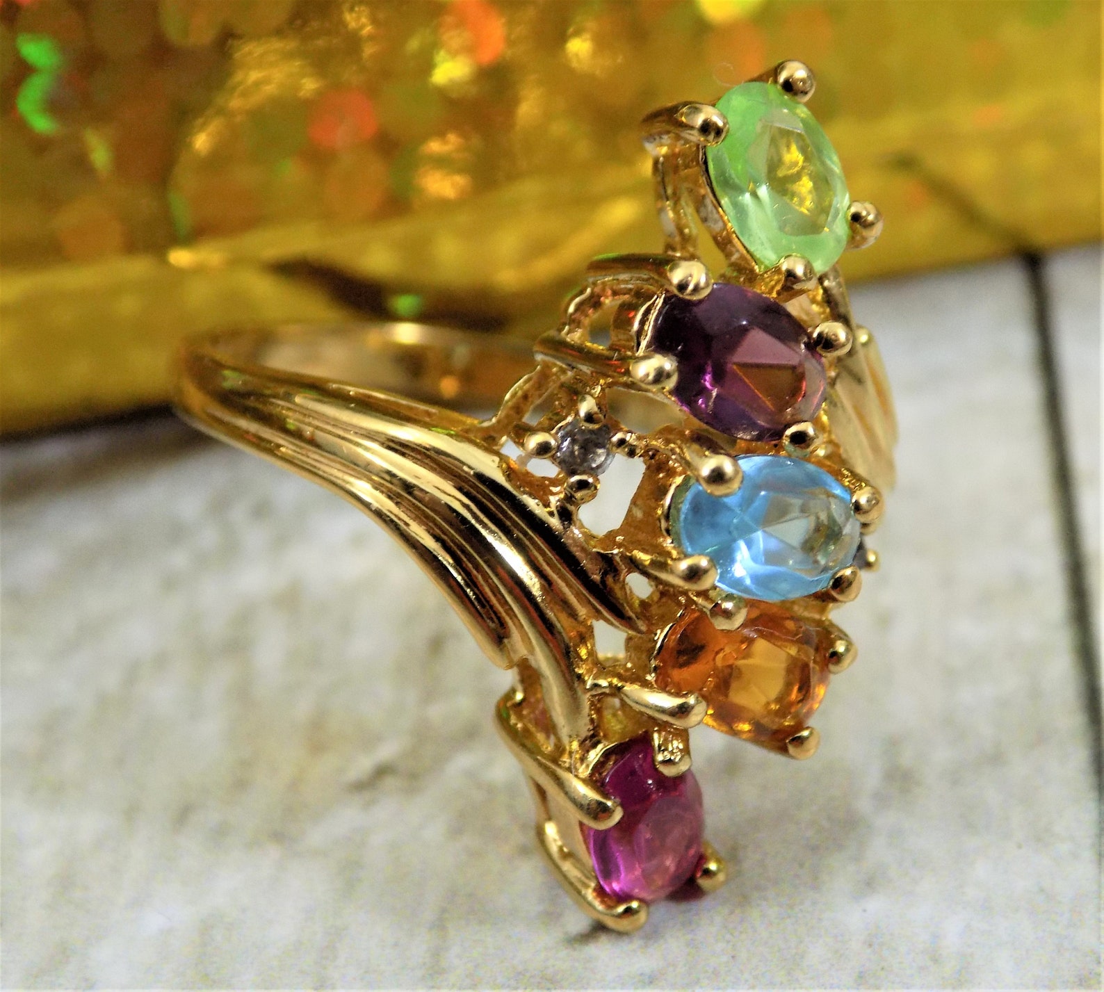 NV Gold Multi Stone Cocktail Ring 5 Crystals Size 10 Marked - Etsy