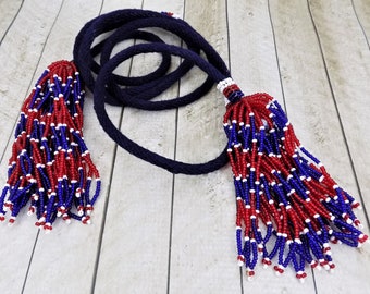 Red White Blue, Seed Beaded Tassels, 75 Inches Long, Hand Crafted, Navy Blue Cord, Patriotic Colors