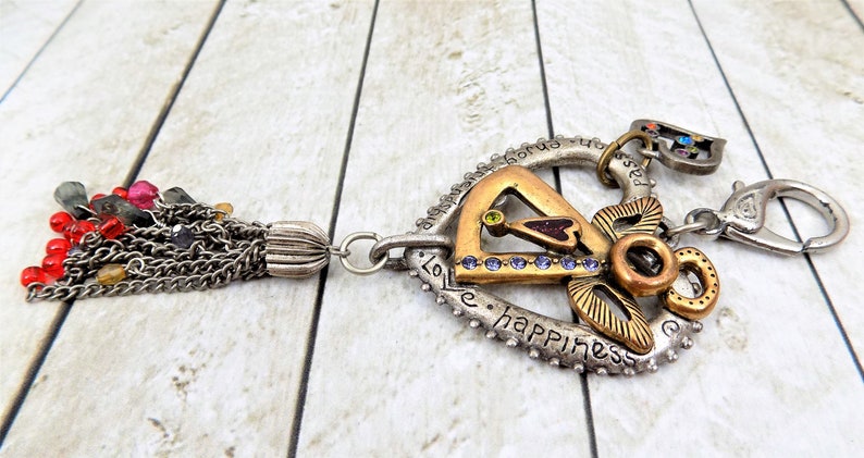 Backpack Clip Two Tone Metal Angel Heart Good Luck Charms, Beaded Tassel Large Purse Clip