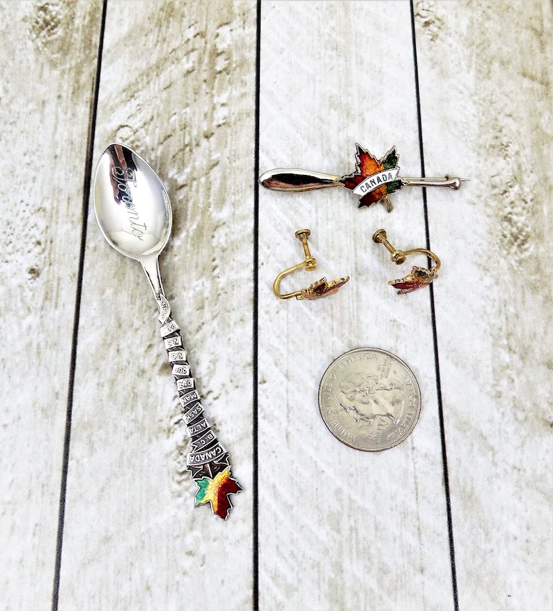 Set of 3 Sterling Spoon Screwback Earrings Canada Maple Leaf Souvenirs Toronto Spoon, Travel Souvenirs Oar Pin