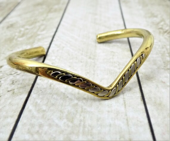 Brass V Cuff Bracelet, Tubular V Design, Brass an… - image 6