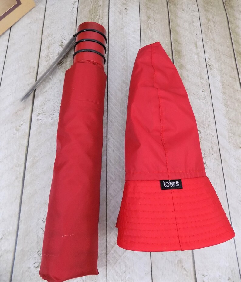 Totes Umbrella and RainHat Red Set Personal Size 1985 Etsy