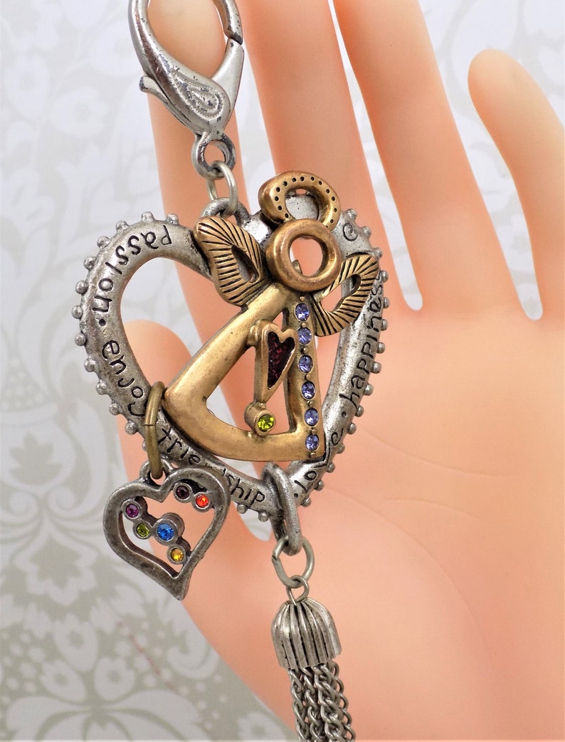 Backpack Clip Two Tone Metal Angel Heart Good Luck Charms, Beaded Tassel Large Purse Clip