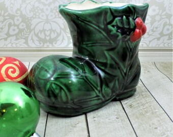 Ceramic, Christmas Boot Planter, Green Leaf, Holly Design, Green and Red, White Interior