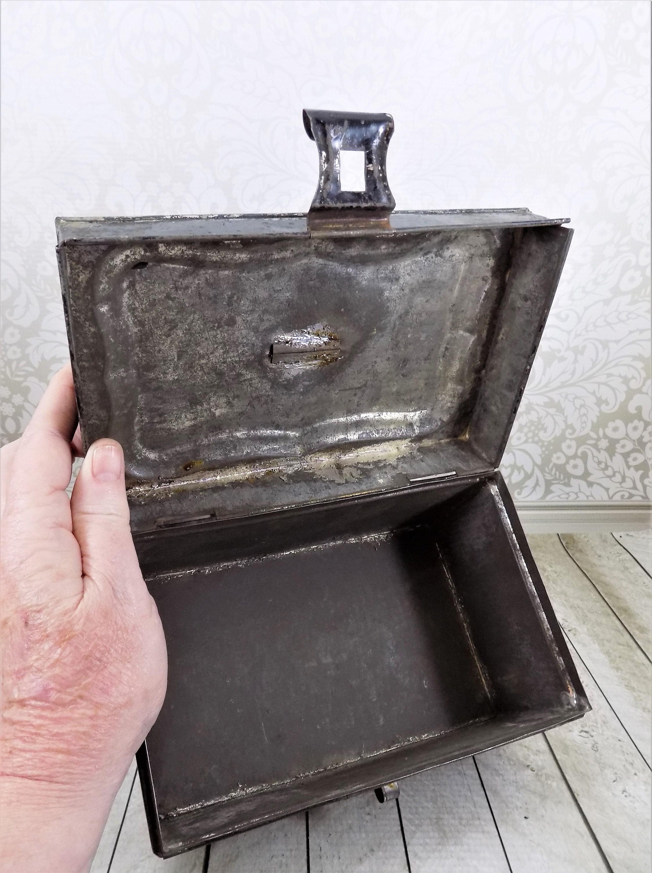 Antique Metal Box, With Latch and Handle, Storage, Money Box