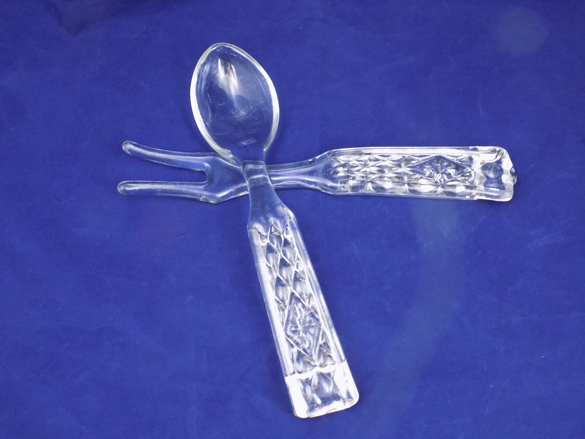 Clear Glass Serving Spoon and Fork Set Diamond Cut Handles Etsy