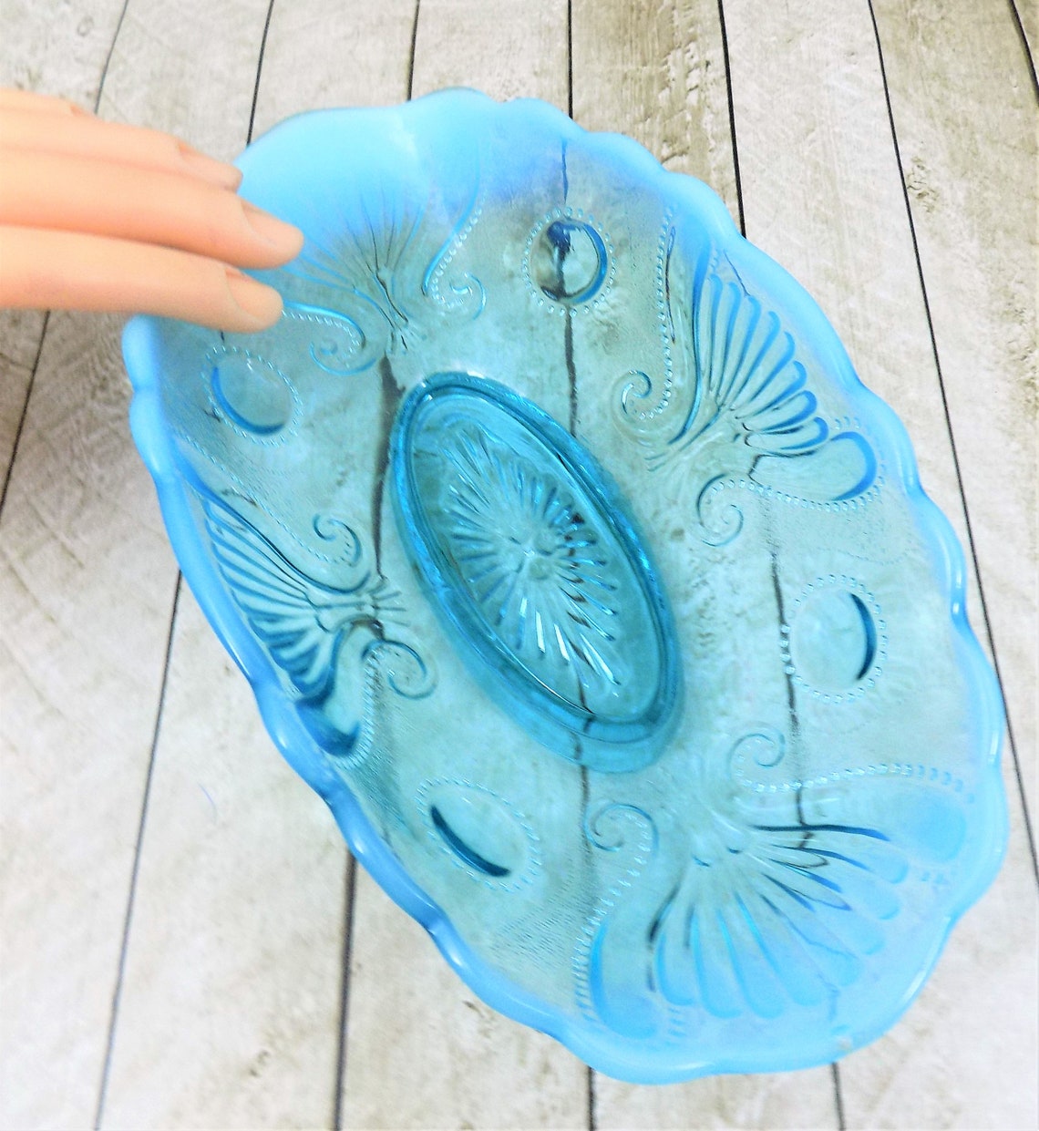 Blue Teal Glass Celery Dish Frosted Scalloped Edge Stylized Etsy