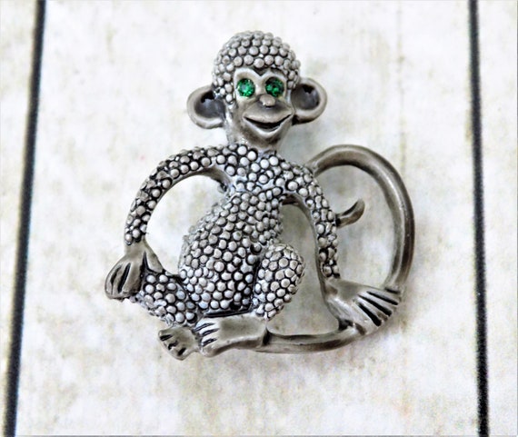Gerry's Monkey Brooch, Gray Metal Embossed Dots, … - image 2