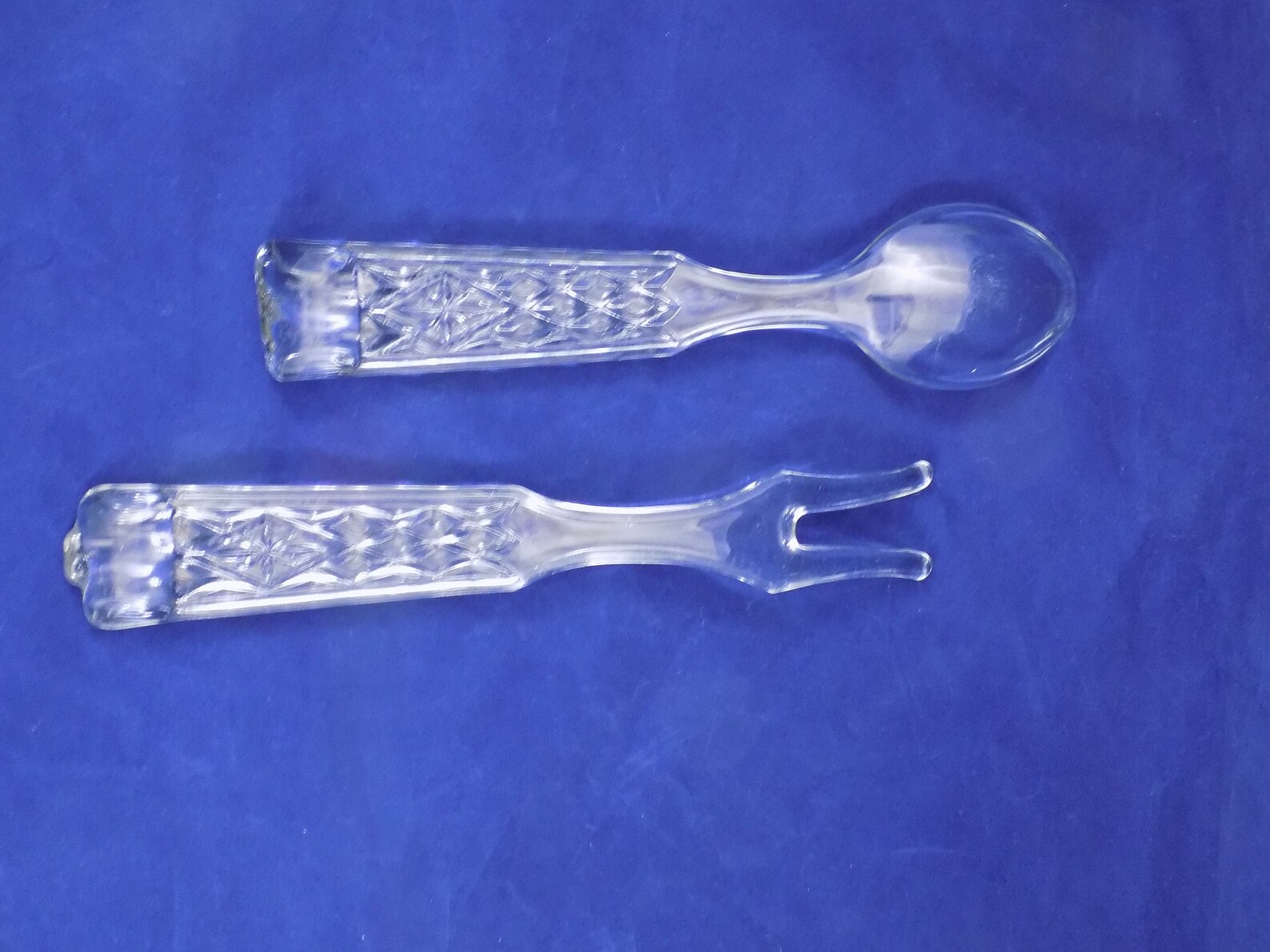 Clear Glass Serving Spoon and Fork Set Diamond Cut Handles Etsy