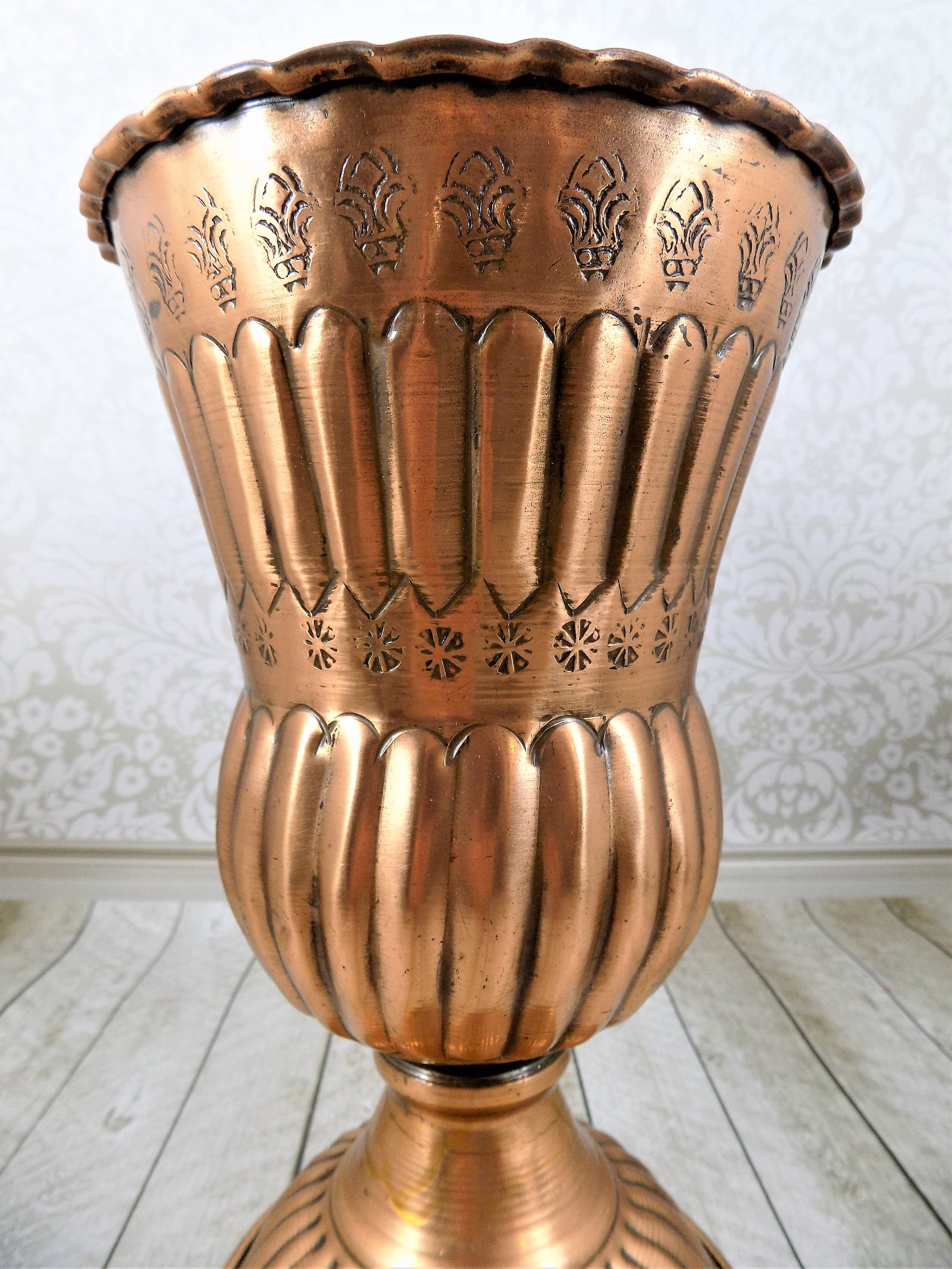 Tall Copper Pedestal Vase Hand Crafted Stamped Copper 9 Etsy