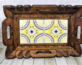 Hand Carved, Wood and Tile Tray, Made in Mexico, Blue and Yellow, Stained Wood, Farmhouse Style