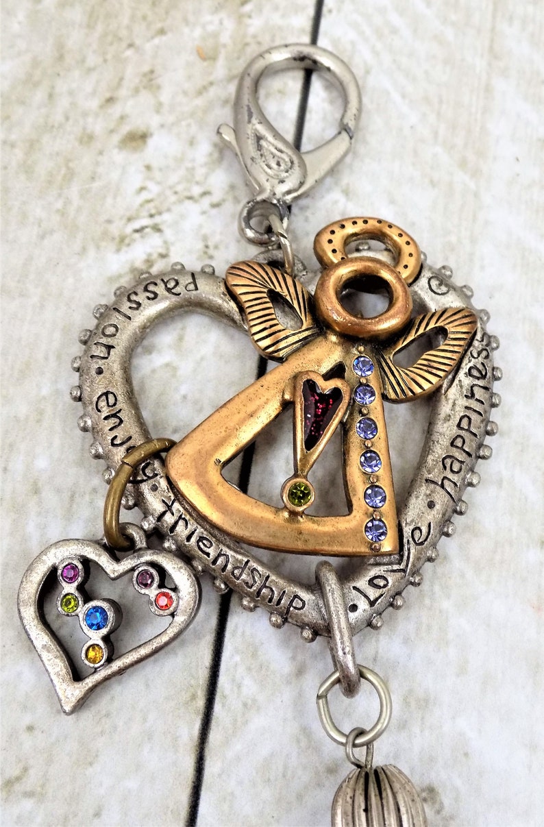 Backpack Clip Two Tone Metal Angel Heart Good Luck Charms, Beaded Tassel Large Purse Clip