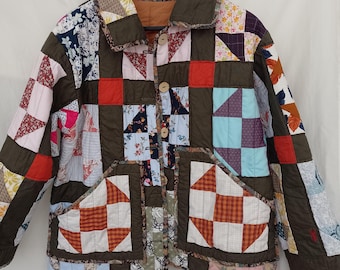 Upcycled Quilted Patchwork Coat, Quilt Jacket, size XL
