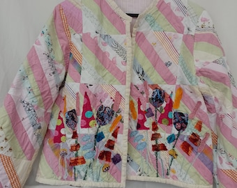Handmade Patchwork Quilted Cotton Jacket: Upcycled Pastel Coat (Size S/M)