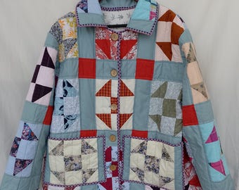 Upcycled Quilted Patchwork Coat, Quilt Jacket, size XL \ XXL