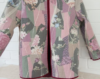 Handmade Upcycled Quilted Coat: Floral Patchwork Jacket, Size S/M
