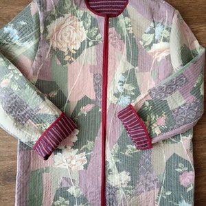 Handmade Upcycled Quilted Coat: Floral Patchwork Jacket, Size S/M