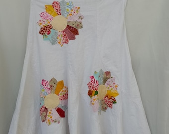 Linen Patchwork Skirt: White Floral Applique, Size M
