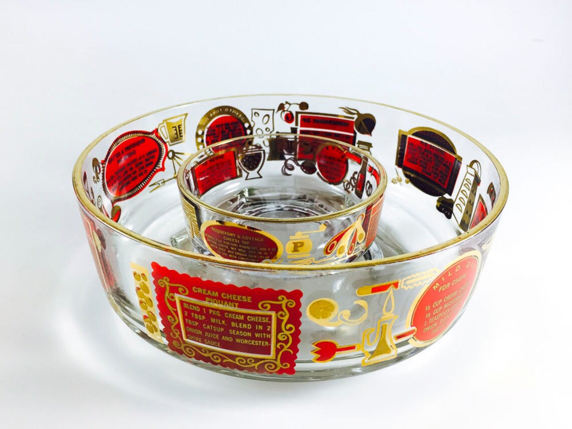 Vintage Chip And Dip Bowl Set With Recipes Glass Etsy