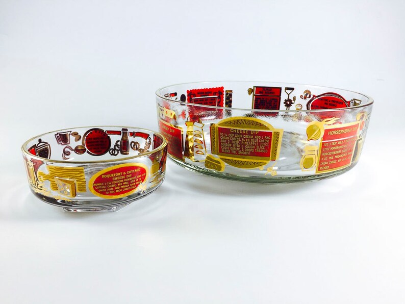 Vintage Chip And Dip Bowl Set With Recipes Glass Etsy