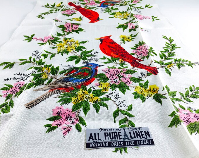 Vintage Linen Tea Towel Red Blue Bird Cardinal Pink Yellow Etsy