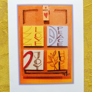 Set van 5 "Love, Peace, Joy, Hope" Art Wenskaarten
