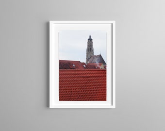 Photo Print, Red Rooftops, Old City, Noerdlingen, Germany, Church St. Georg, Bell Tower Daniel