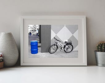 Photography, Bicycle and Blue Barrel, Selected Color Blue