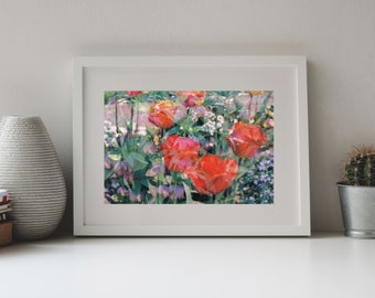 Photography, Spring Photo, Red Tulips on Purple Flowers,  Double Exposure, Analogue Photo, Camera Art