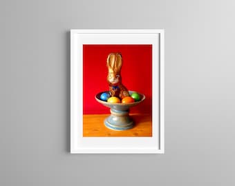 Photo Print, Colorful  Easter Still Life, Chocolate Easter Bunny and Eggs