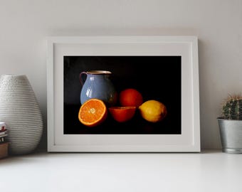 Photography, Still Live, Pitcher with Fruit in Bold Colors