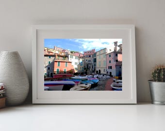 Photography Small Harbor in Italy with Boats, Small Village