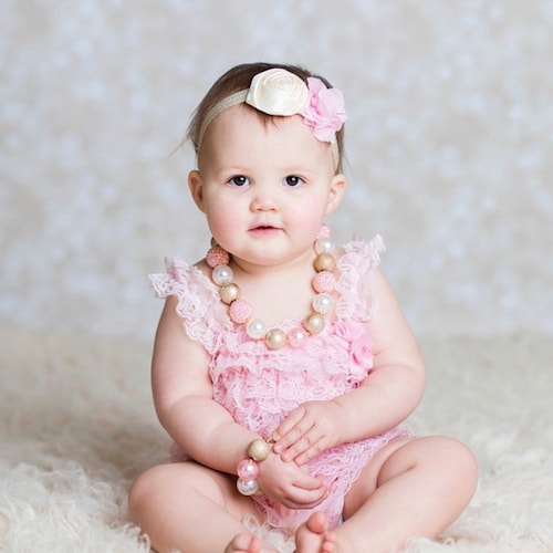 Pink & Gold Lace Romper 1st Birthday Girl Outfit Baby Headband | Etsy