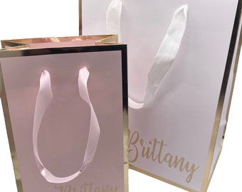 LUXURY GIFT BAGS | Premium Personalized Gift Bags with Gold Trim | Bridesmaid Gift Bags | Pink & Gold Gift Bags | Bridal Shower Favor Bags