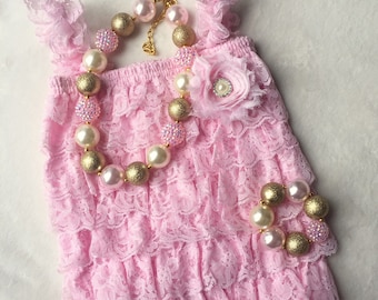 Pink Lace Baby Romper Outfit | First Birthday, Cake Smash