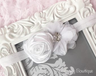 Baby Headband | Baptism Headband | Newborn Photo Prop | Christening Headband | Fancy White Headband | Flower Girl Headband