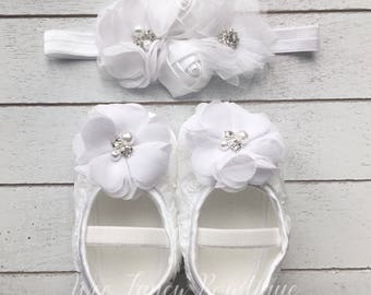 Baptism headband and matching shoe set - baptism headband set - baptism headband - christening headband set - flower girl headband