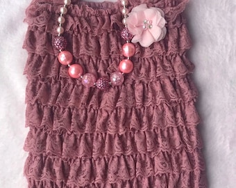 Dusty Rose Lace Baby Romper Set | First Birthday Outfit