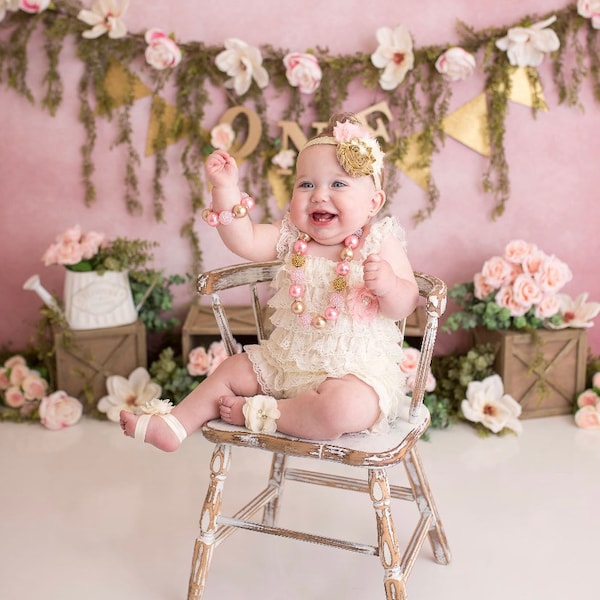 Baby romper set | Baby petti romper | Pink Gold & Ivory Outfit set | Baby Headband set | First Birthday Outfit | Cake Smashing Ideas