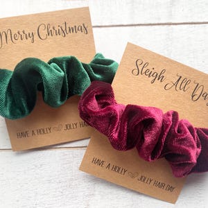 May include: Two velvet scrunchies, one emerald green and one burgundy, rest on festive cards. The cards read "Merry Christmas" and "Sleigh All Day." The bottom of the cards say "Have a Holly Jolly Hair Day."