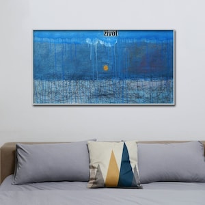 Bleu abstrait peinture, panoramique mural, Art, Art moderne contemporain, grande toile Art, acrylique art expressionniste 47 x 22 cm