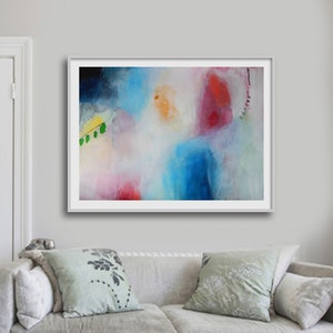 赤青黄色の抽象画、限定版ジクレープリントの横長大アートワーク、アジディノヴィッチ・ランコのオリジナル絵画からのプリント