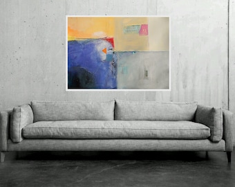 Abstract Painting large size , Blue White Yellow Orange-Grey,Original Modern Artwork Wall Decorations Office & Home Modernism 100 x 70 cm