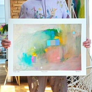 Abstract Colorful mixed media painting on paper Yellow Pink Green Blue horizontal Modern Artwork Contemporary Style Acrylic Giclee on paper