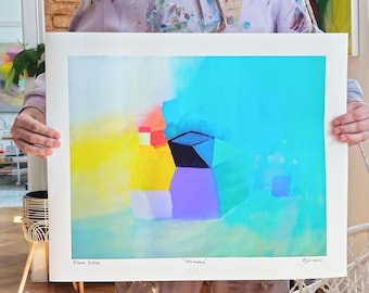 Geometrisch abstract schilderij Levendige kleuren pasteltinten moderne kunst limited edition giclee print van hedendaagse abstracte schilderkunst